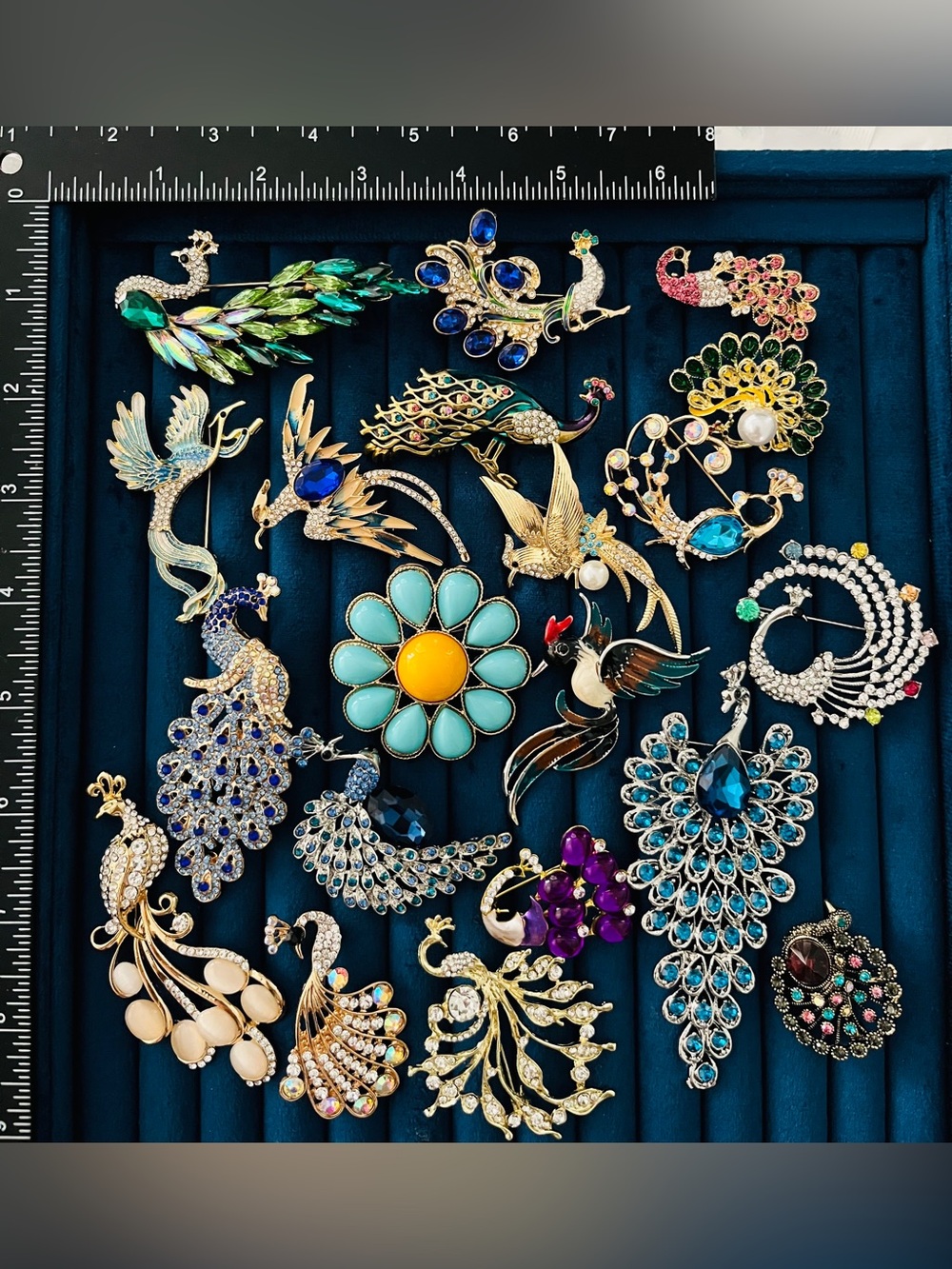 Lot of 20 Peacock Blue Bird Flower Brooch Pin Rhinestone Enamel Statement